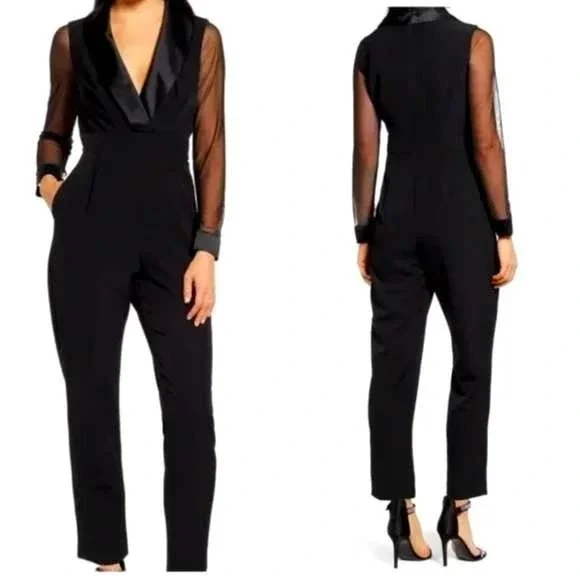 Eliza J Black Tuxedo Jumpsuit Sheer Mesh Long Sleeve Shawl Collar Womens 8 - Picture 1 of 11